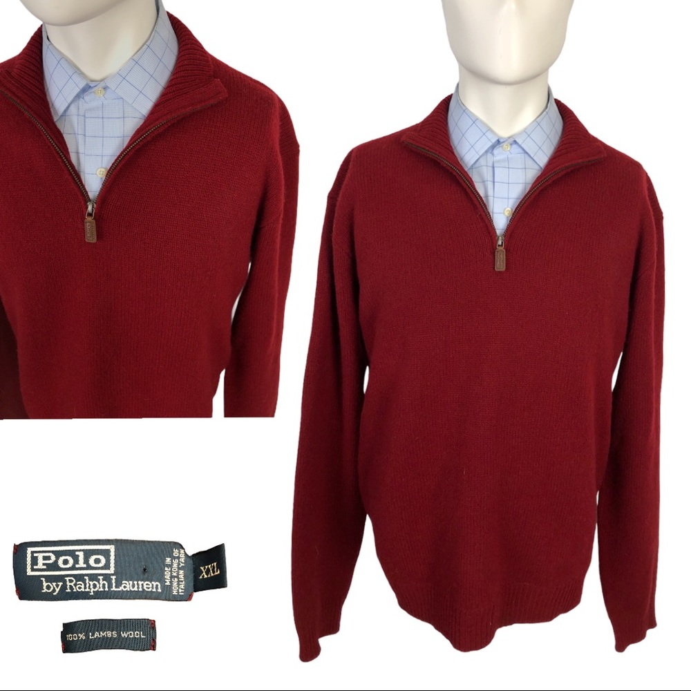 Polo Ralph Lauren Mens Red Zipup Lambswool Sweater